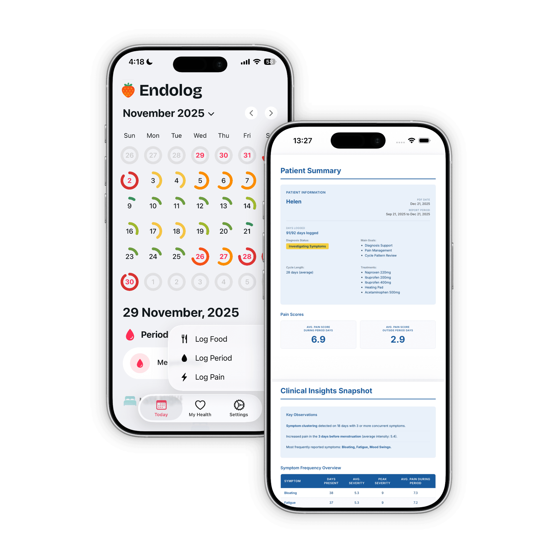Endolog app mockups showing patient summary and calendar