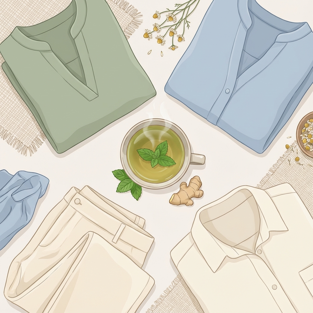 Gastrointestinal comfort illustration with loose clothing and tea