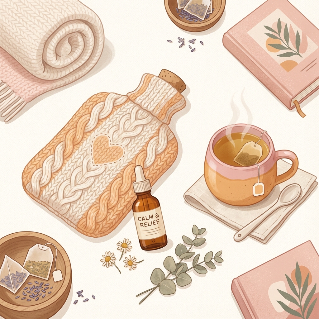 Comfort and pain relief illustration with heating pad and tea