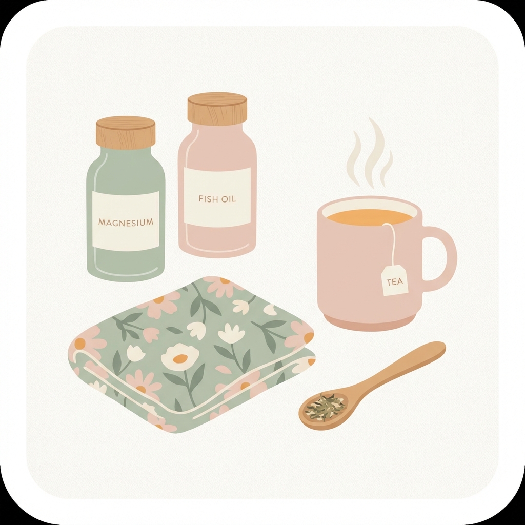 A high-quality, flat-lay style illustration representing 'Natural Remedies for PCOS'. Soft, calming pastel color palette (sage green, soft pink, warm apricot). Elements include a bottle of magnesium, a bottle of fish oil, a heating pad, and a soothing cup of tea. Clean, modern, comforting aesthetic. No text.